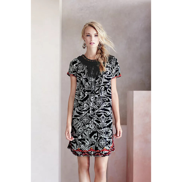 Anthropologie Floreat Womens Dress XS Black Geometric Beaded Fringe Abelia Boho - Picture 7 of 14